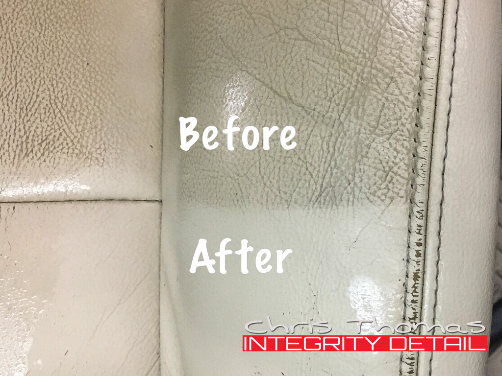 Leather upholstery cleaning comparison with the soiled area above the cleaned area