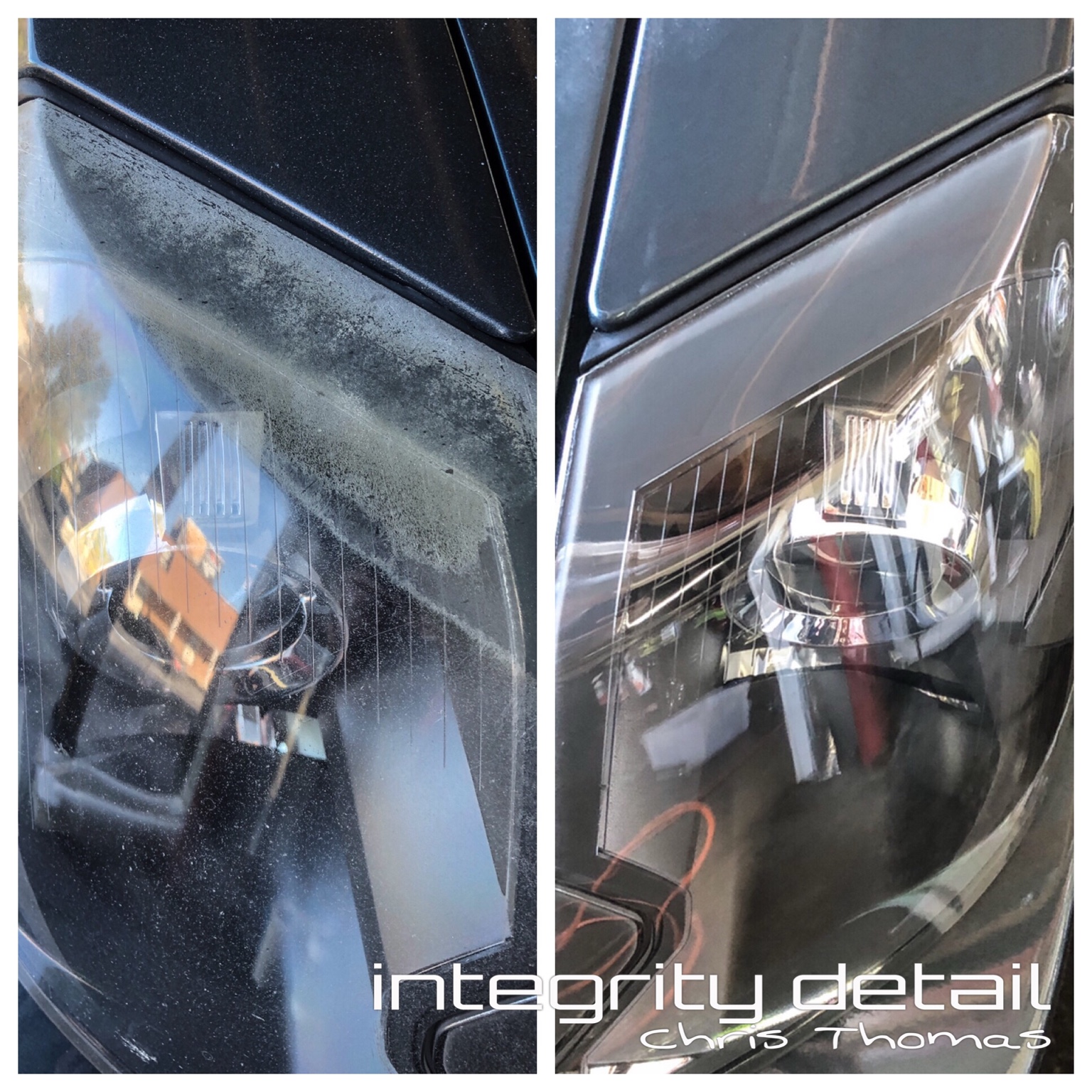 Integrity Detail headlight restoration before and after: oxidized, cloudy lens on the left and clear restored lens on the right