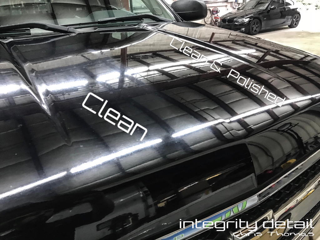 Integrity Detail black hood comparison showing clean paint beside clean and polished paint with clearer reflections