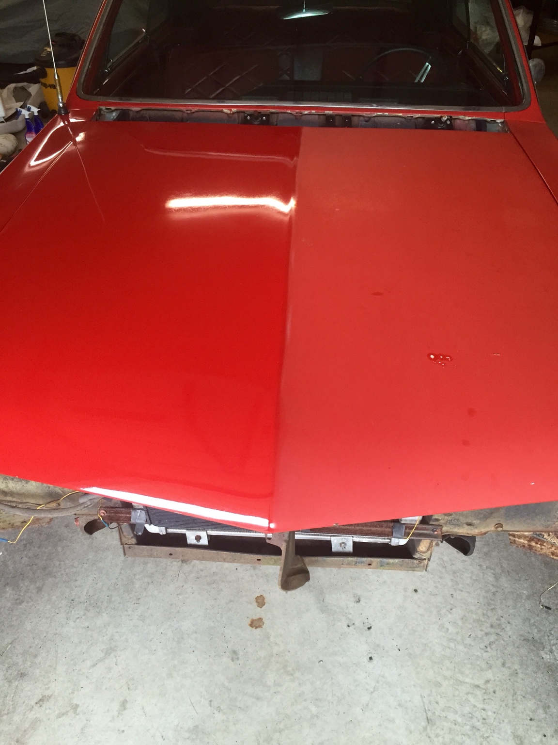 Actual red hood paint correction comparison: glossy corrected paint on the left and dull uncorrected paint on the right